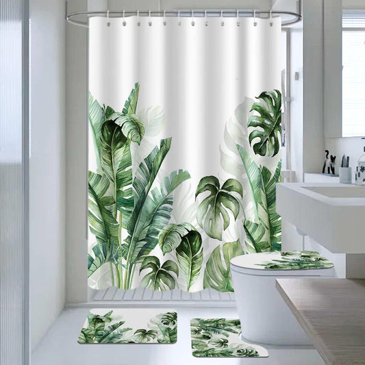 AIBIIN Green Plants Shower Curtain Sets 4 Piece Tropical Palm Leaf with Non-Slip Rugs Toilet Lid Cover and Bath Mat Modern Bath Curtains for Bathroom
