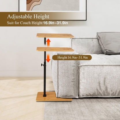 VeftBltrem C Shaped Side Table, Adjustable Height 17-32 Inch, 360° Rotating Desktop, Sturdy Bamboo Metal Base, Under Sofa Table for Living Room