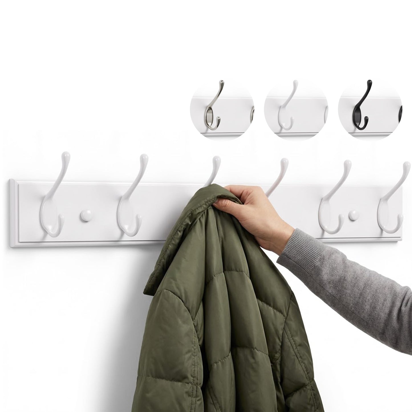 LARHN White Wall-Mounted Coat Rack - 6 White Coat Hooks, 59cm