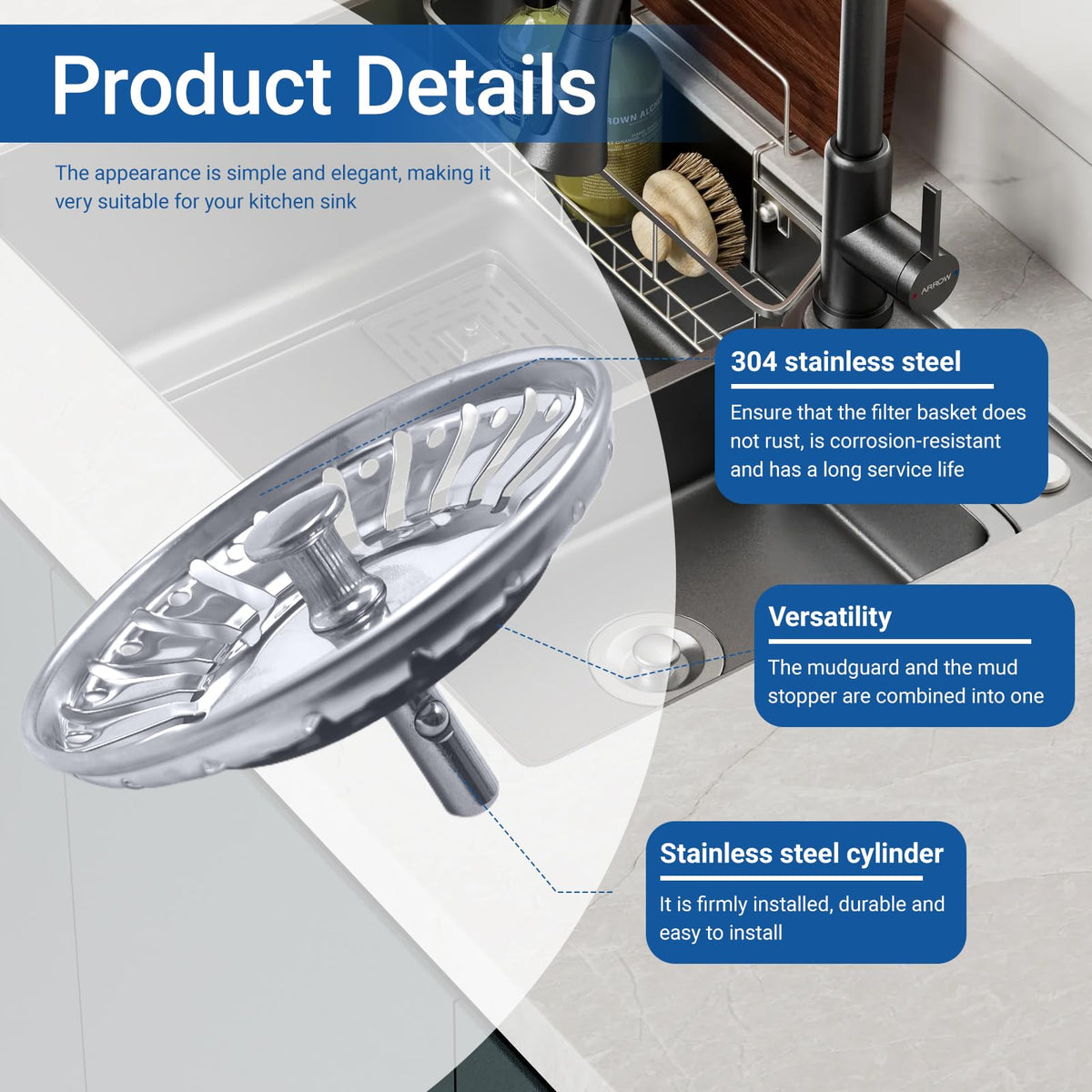 1 Pack 84 mm Kitchen Sink Strainer Plug, Stainless Steel Kitchen Sink Strainer, Kitchen Bathroom Food Hair Catcher Filter Stopper - Prevent Clogs