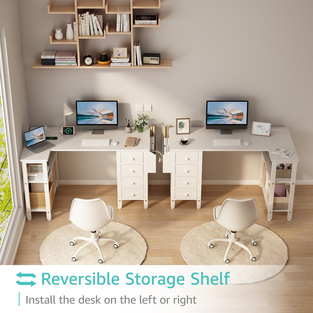 Lufeiya White L Shaped Computer Desk with Drawers & Storage Shelves, 120CM Corner Reversible Desk with UK Power Outlet for Home Office Bedroom