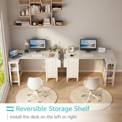 Lufeiya White L Shaped Computer Desk with Drawers & Storage Shelves, 120CM Corner Reversible Desk with UK Power Outlet for Home Office Bedroom