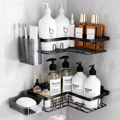 YEAUPE PRO Corner Shower Caddy No Drill, 4 Piece Bathroom Storage Set with 2 Corner Shower Shelves, Toothbrush Holder & Soap Dish