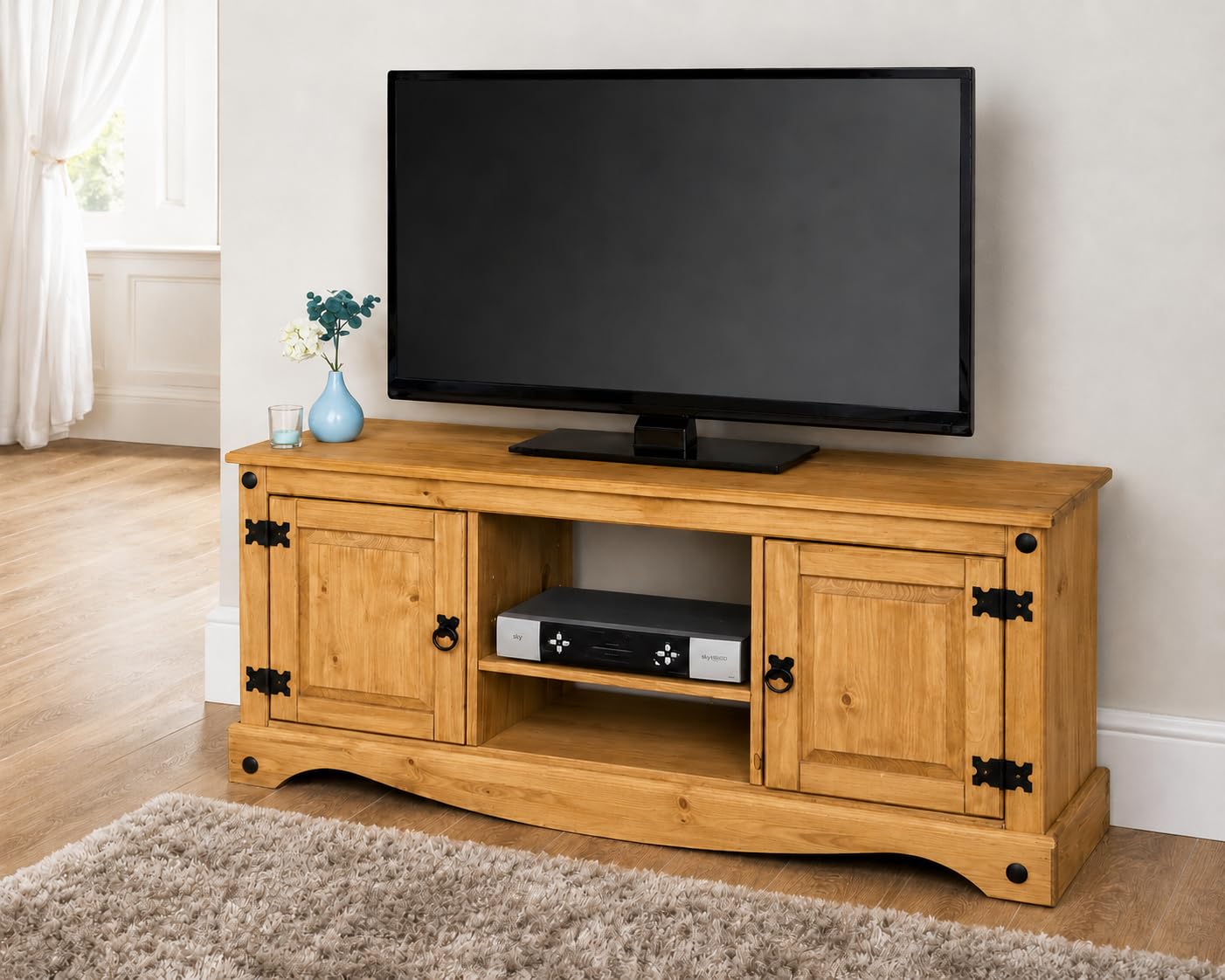 Mews Corona TV Stand Flat Screen Entertainment Unit Solid Pine 2 Door Television Cabinet Mexican Waxed