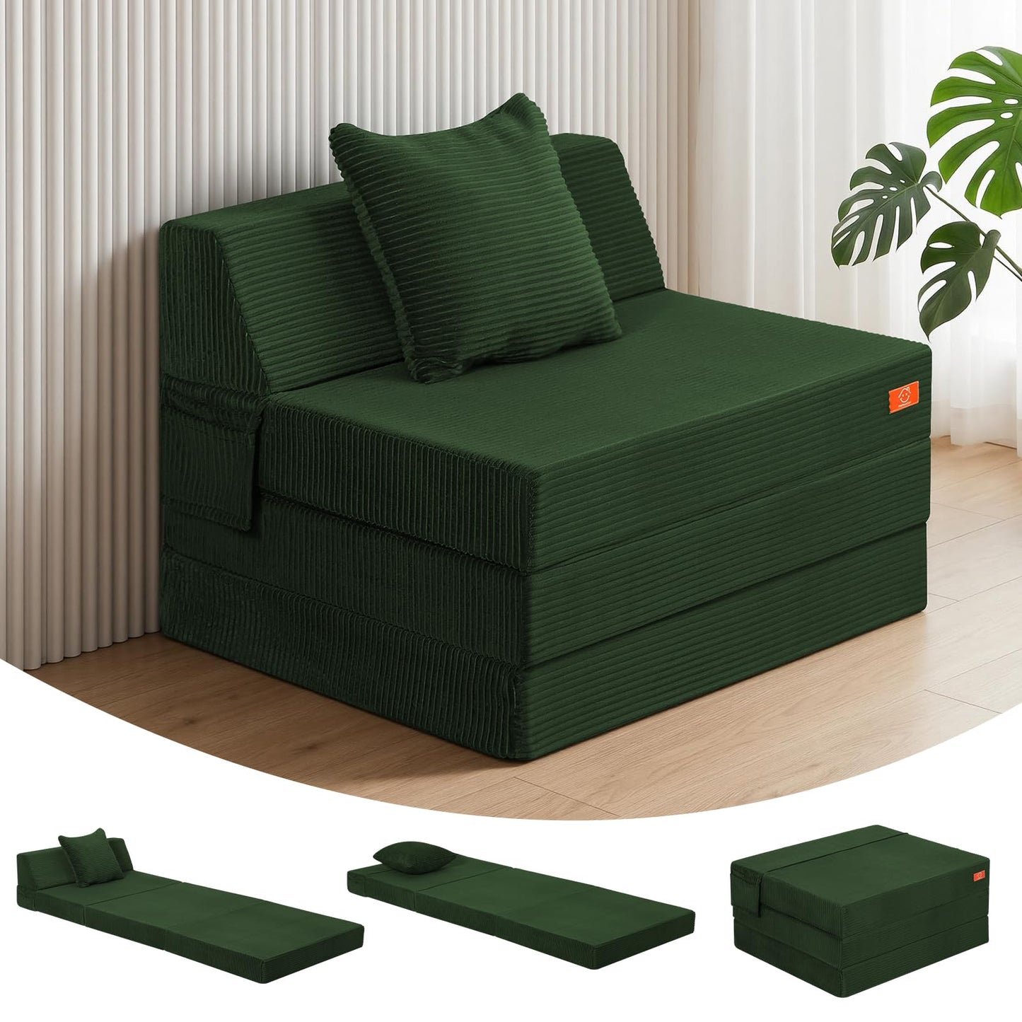 MeMoreCool Single Folding Sofa Bed, Convertible Boneless Couch, Green
