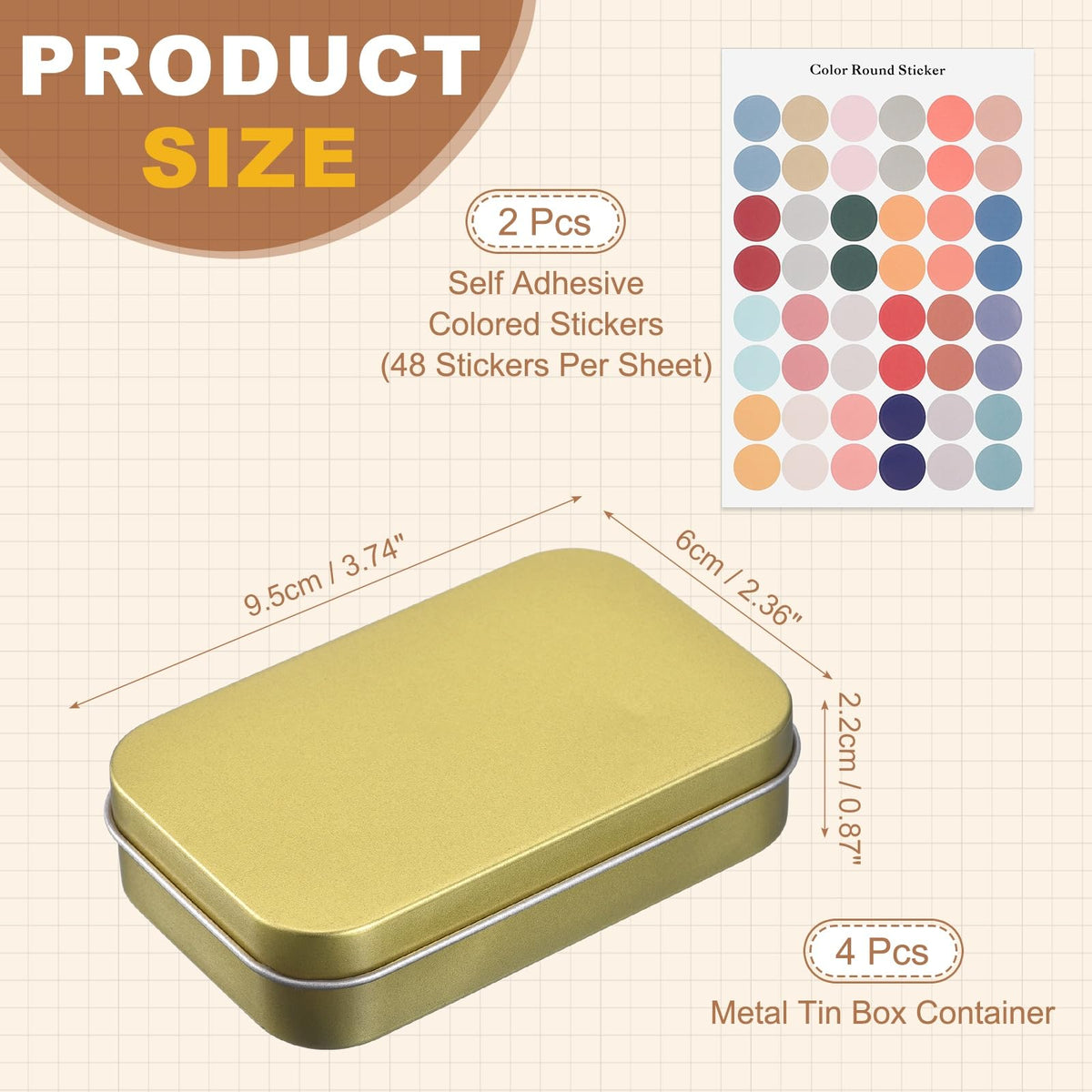 sourcing map 4Pcs Metal Tin Box Container, 3.7x2.4x0.9 Rectangular Empty Box with Self Adhesive Colored Stickers