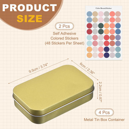 sourcing map 4Pcs Metal Tin Box Container, 3.7x2.4x0.9 Rectangular Empty Box with Self Adhesive Colored Stickers
