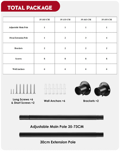 Wardrobe Rail, Extendable Clothes Rail Black 74-163cm, Stainless Steel Clothes Hanging Pole With Screws and Fixing Sockets for Wardrobe 25MM