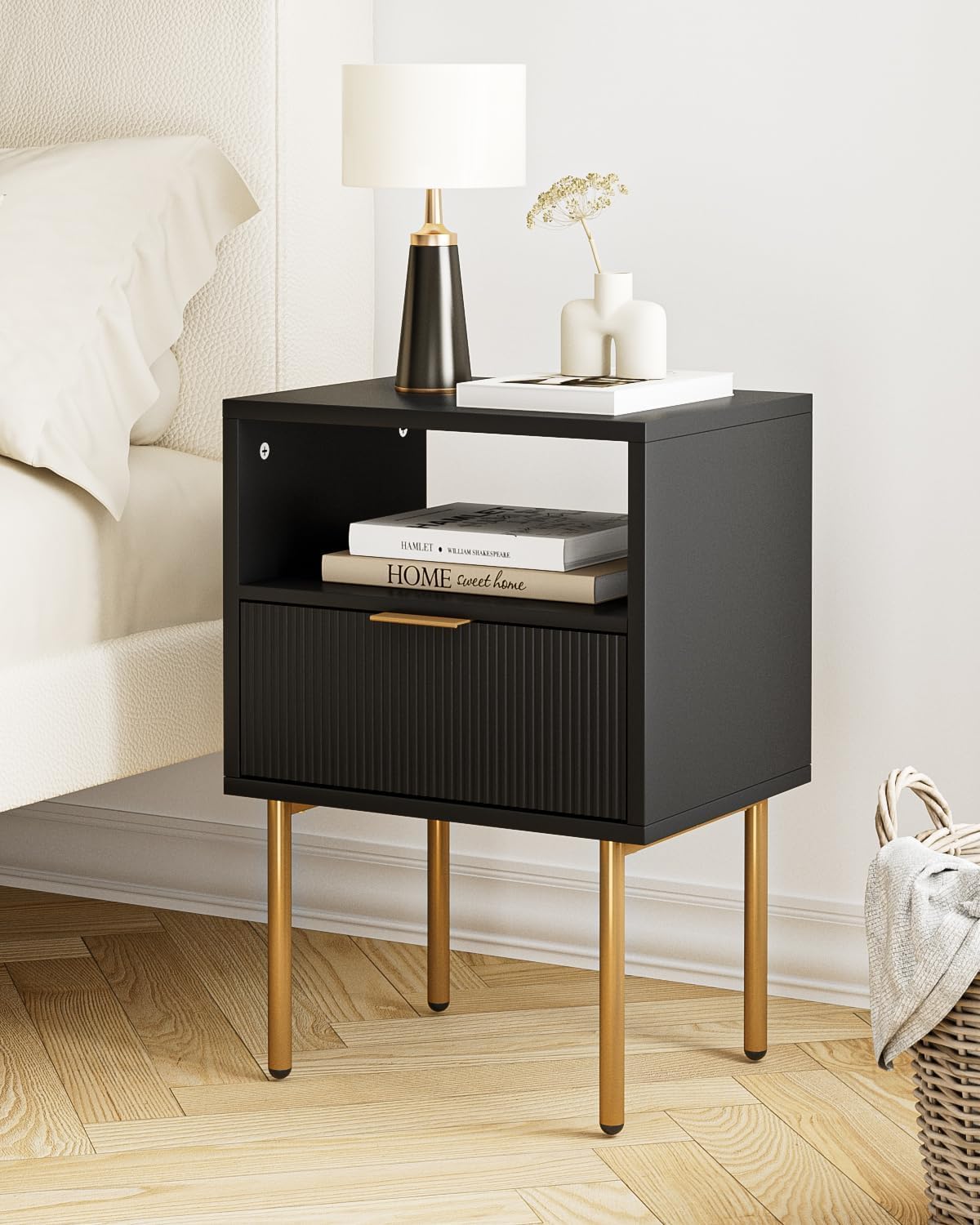 HEYZOEY Bedside Table, Small Bedside Tables with Drawer and Storage Shelf, Wooden Nightstand with Gold Legs, Mid-Century Modern Bed Side End Table for