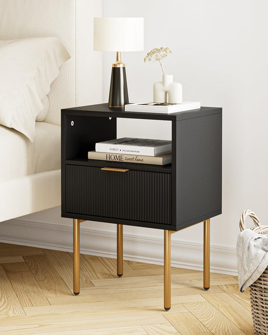 HEYZOEY Bedside Table, Small Bedside Tables with Drawer and Storage Shelf, Wooden Nightstand with Gold Legs, Mid-Century Modern Bed Side End Table for