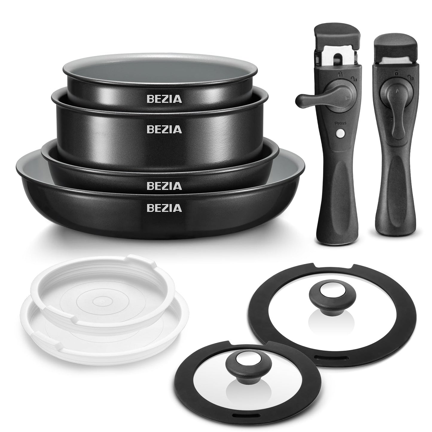 BEZIA Induction Hob Pans Set, Ceramic Nonstick Pots and Pans Set 10 Pieces, Pan Sets with Detachable Handles, Stackable Cookware Set for All Hobs