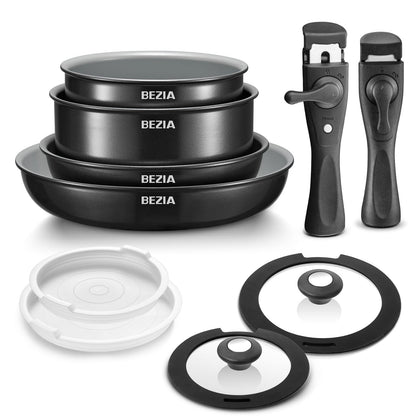 BEZIA Induction Hob Pans Set, Ceramic Nonstick Pots and Pans Set 10 Pieces, Pan Sets with Detachable Handles, Stackable Cookware Set for All Hobs