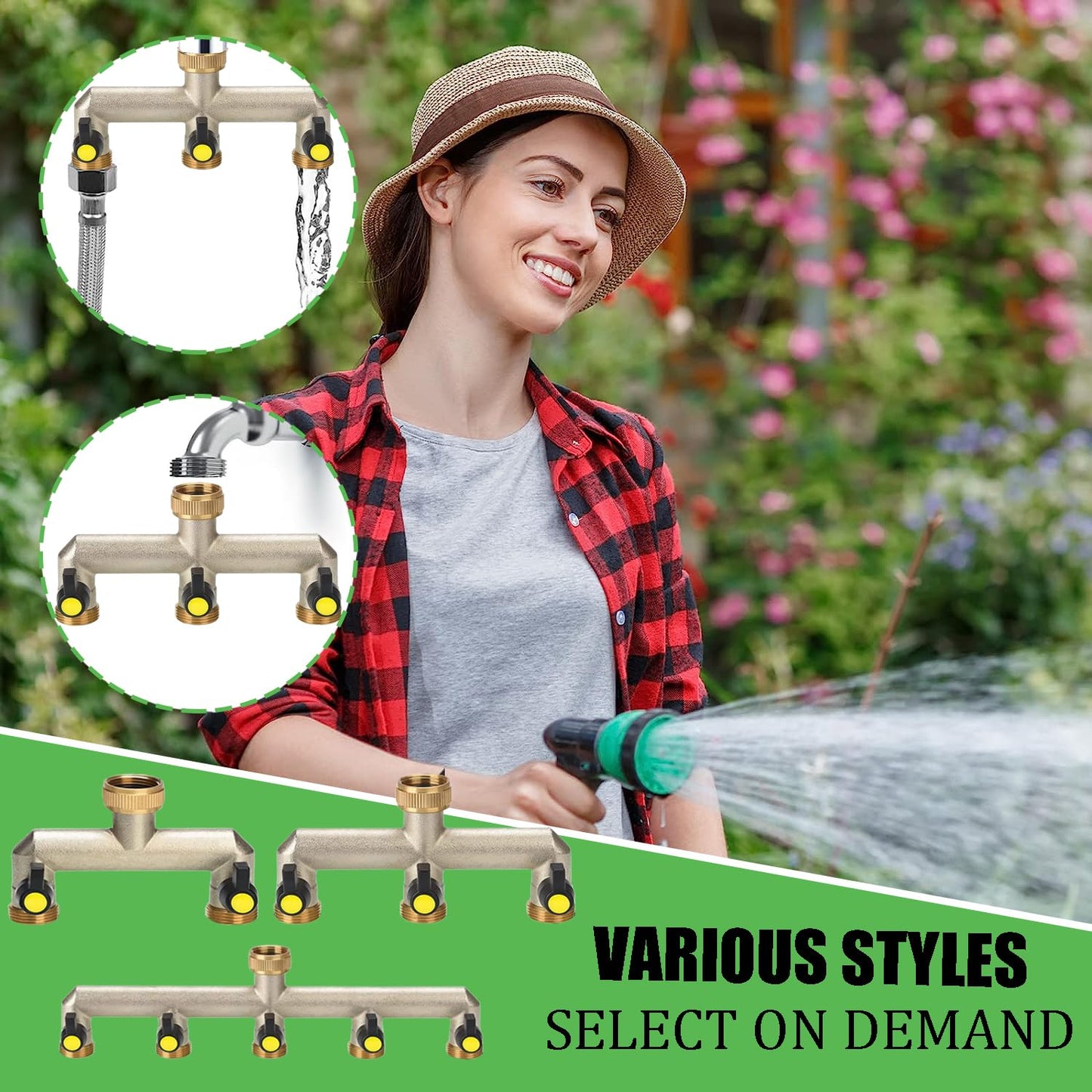 Brass Garden Outside Tap Splitter 5 Way Hose Manifold,3/4" Tap Diverter Adapter Hose Pipe Tap Splitter Outdoor,Multi Tap Connector,Faucet