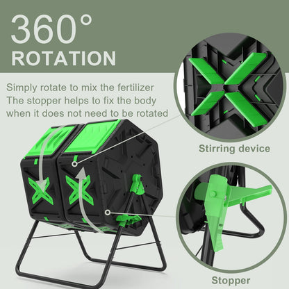 140L Dual Chamber Compost Bin Rotating Composter Tumbler with Easy-Turn, Fast-Working System for Garden, Black&Green