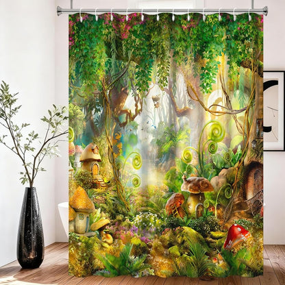 Xiaoterna Fairy Tale Forest Shower Curtain Mushroom Green Tree Grass Bathroom Curtain Spring Magic Enchanted Forest Fantastic Jungle Shower Curtain
