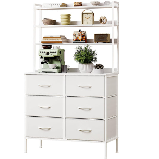 Mintnook Bedroom Chest of Drawers, 3-Tier Wooden Storage Shelf, 80cm Dressing Table with 6 Cloth Drawers, 3-in-1 Multi-Purpose Fabric Dresser, Display