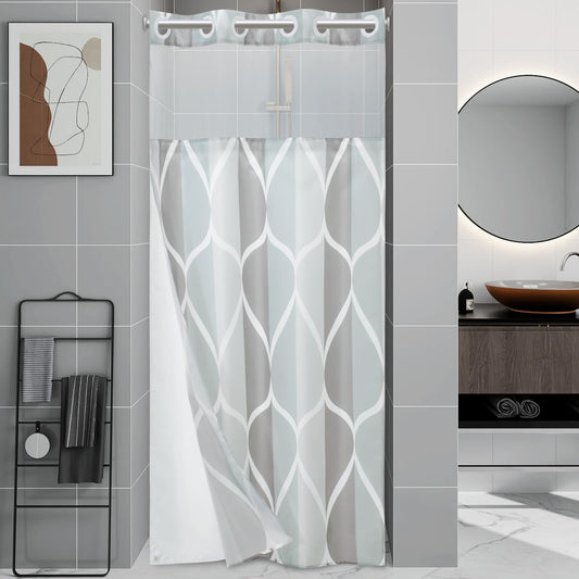 Yiatn No Hook Grey Small Stall Shower Curtain with Snap in Fabric Liner Set - Hotel Style with See Through Mesh Top Window, Modern Geometric Waterdrop