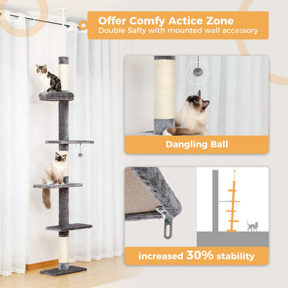 PAWZ Road Cat Tree 5-Tier Floor to Ceiling Cat Tower Height Adjustable, Tall Kitty Climbing Activity Center with Scratching Post, Cozy Bed, Dangling