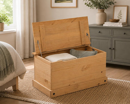 Mews Corona Storage Chest Ottoman Bedding Box Toy Chest Traditional Mexican Pine Solid Wood Storage Box with Hinged Lid and Safety Catch