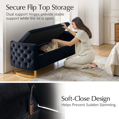 HULALA HOME Large Storage Bench with Metal Base for End of Bed, Black