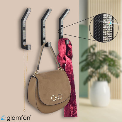 3 Coat Hooks with Rhinestones - Luxury Wall Hooks in Glamour Design - Black/Silver - Decoration and Coat Hooks for Hallway, Bedroom and Dressing