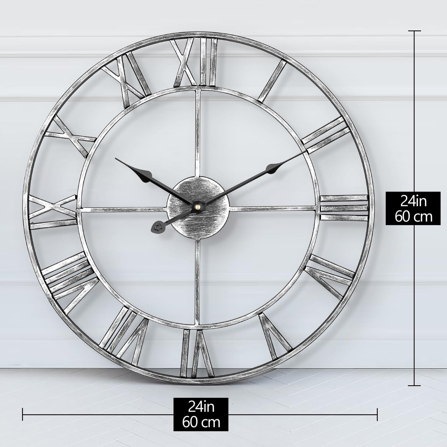 LENAUQ Silent Metal Skeleton Wall Clock, 60cm European Farmhouse Vintage Clock with Roman Numeral, Non-Ticking Battery Operated Hanging Wall Clock for
