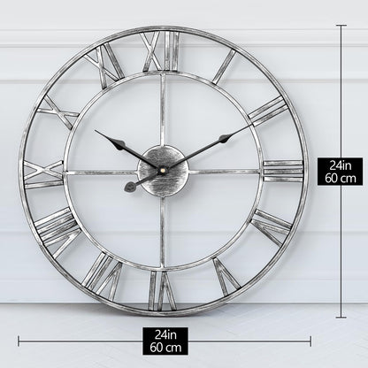 LENAUQ Silent Metal Skeleton Wall Clock, 60cm European Farmhouse Vintage Clock with Roman Numeral, Non-Ticking Battery Operated Hanging Wall Clock for