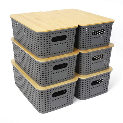 UHAPEER 6 Pack Stackable Plastic Storage Baskets with Bamboo Lid