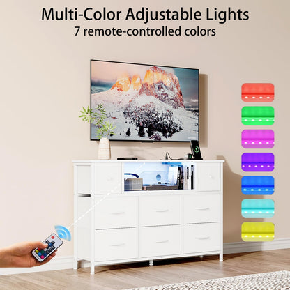Flrrtenv Chest of Drawers, 8 Fabric Drawers Cabinet, 120CM TV Stand with Power Outlets and LED Lights for 55'' TV, for Bedroom Living Room & Entryway