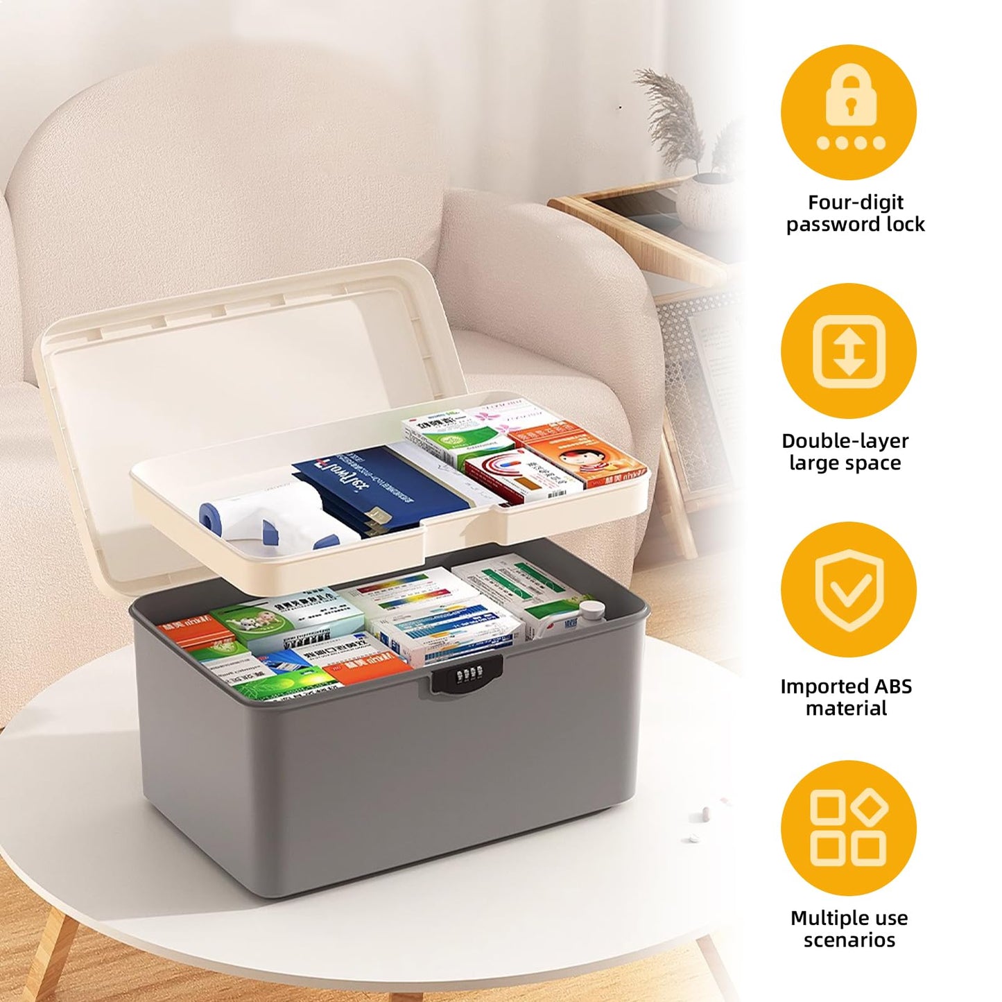 Aartner Lockable Storage Box, Large Medicine Storage Box with 4 Digital Lock, Lock Box with Removable Tray, Lockable Storage Container for Medicine