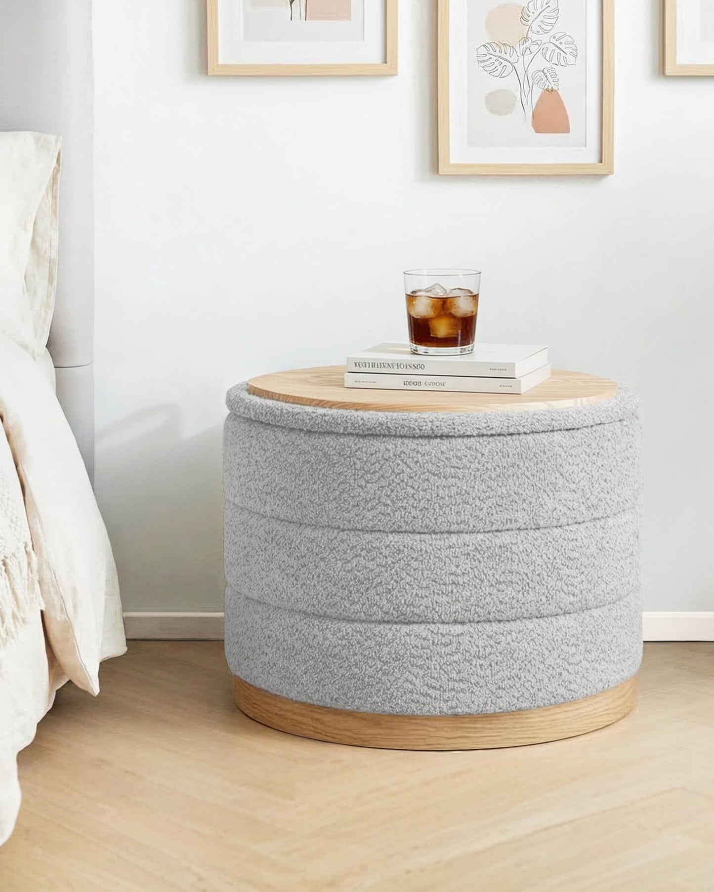 Bonlife Round Chenille Storage Ottoman, Folding Footstool with Table Top, 58x58x44cm, Load Capacity 150kg, for Living Room Bedroom Hallway