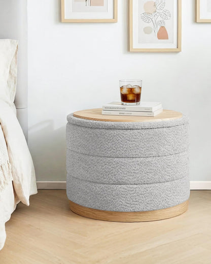 Bonlife Round Chenille Storage Ottoman, Folding Footstool with Table Top, 58x58x44cm, Load Capacity 150kg, for Living Room Bedroom Hallway