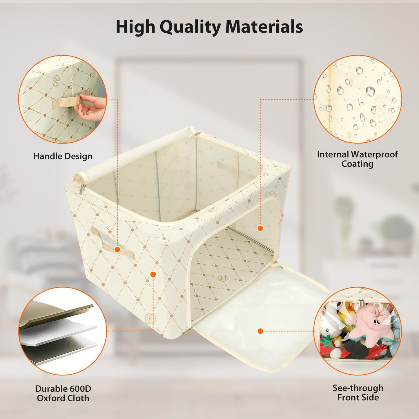Cozary 66L Storage Box with Lid, Storage Bag for Duvets with Zips, Metal Frame, Sturdy Foldable Clothes Storage Box for Clothes