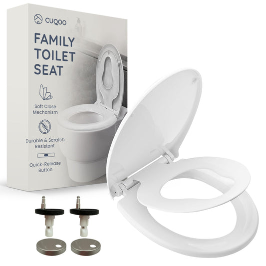 CUQOO Soft Close Toilet Seat - Premium Heavy Duty with Quick Release, Easy Installation with Two Top Fixing Options and Adjustable Hinges, All-in-One
