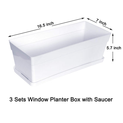 Youngever 3 Pack 38CM Plastic Window Box Planter, Heavy Duty, Flower Box Planter with Attached Tray for Windowsill Garden Balcony, White