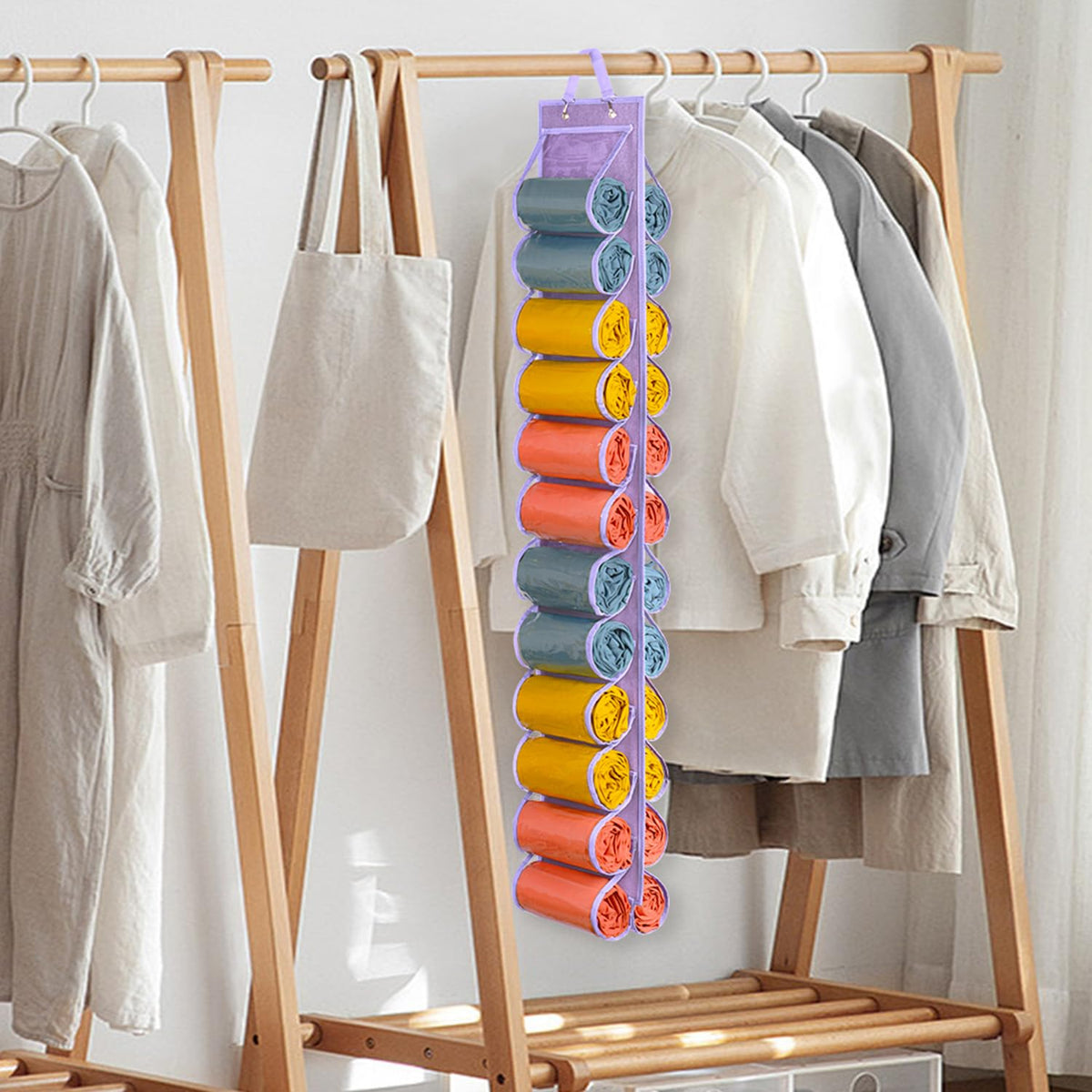 Lirex Hanging Yoga Legging Storage Organizer with 24 Pockets, Foldable Oxford Cloth Hanging Closet Organizer Shirts Jeans Storage Hanger Socks Holder