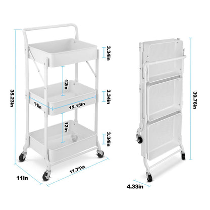 johgee Foldable 3 Tier Metal Utility Rolling Cart, Folding Mobile Multi-Function Storage Trolley Organizer Cart for Home Library