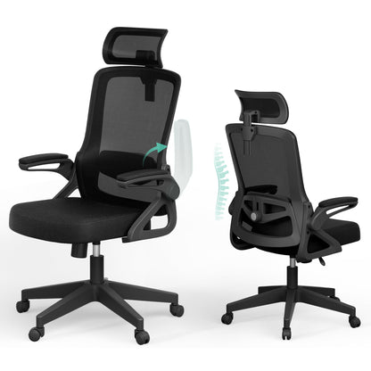 Ergonomic Office Chair, S-Shaped Mesh Desk Chairs, Adjustable Headrest & Lumbar Support, 90°Flip-Up Armrest