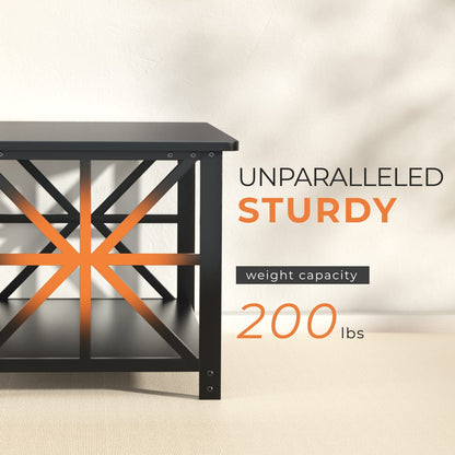 GreenForest Coffee Table with 2-Tier Storage,100 cm Living Room Table with Round Corner, Center Table with X-Frame Design for Home Office,Black