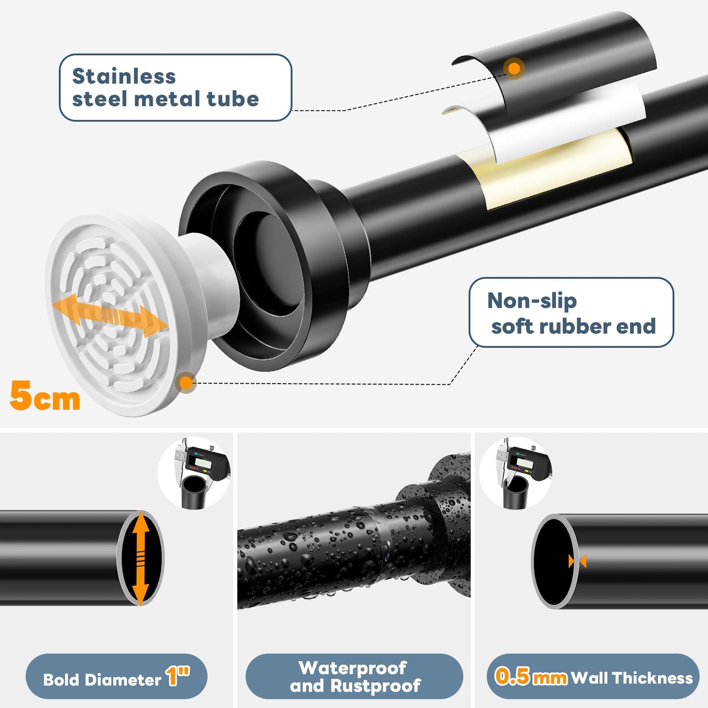 Shower Curtain Pole,84-236cm Curtain Poles Stainless Steel,Black