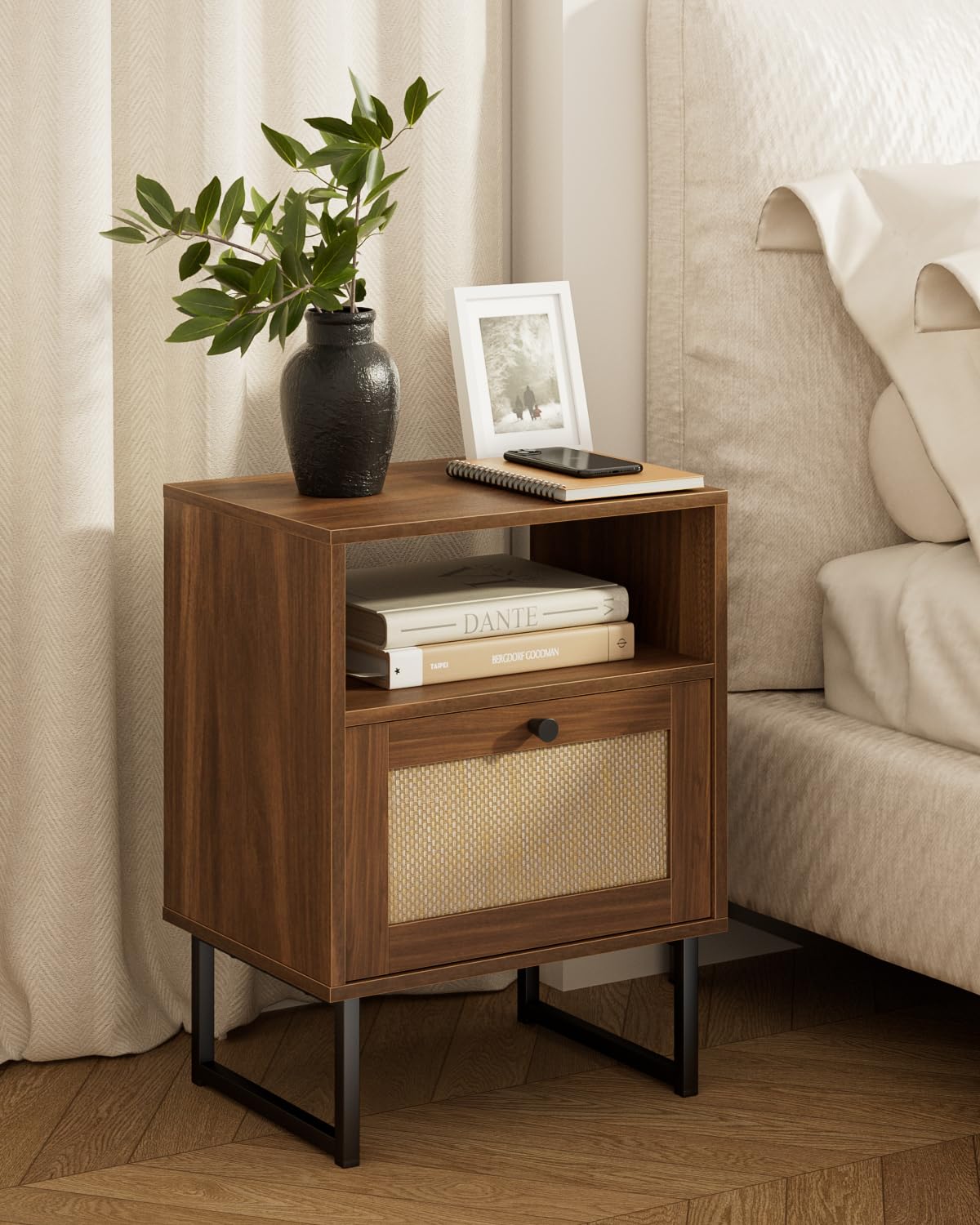 HEYZOEY Rattan Bedside Table,Modern Boho Farmhouse Wood Nightstand with Storage Drawer and Open Shelf,Small Gold Frame Side Table for Bedroom,Living