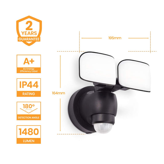National Lighting Twin LED PIR Floodlight - IP44 Rated Outdoor Security Lights with Motion Sensor - Mains Powered Flood Lights Adjustable Double Head