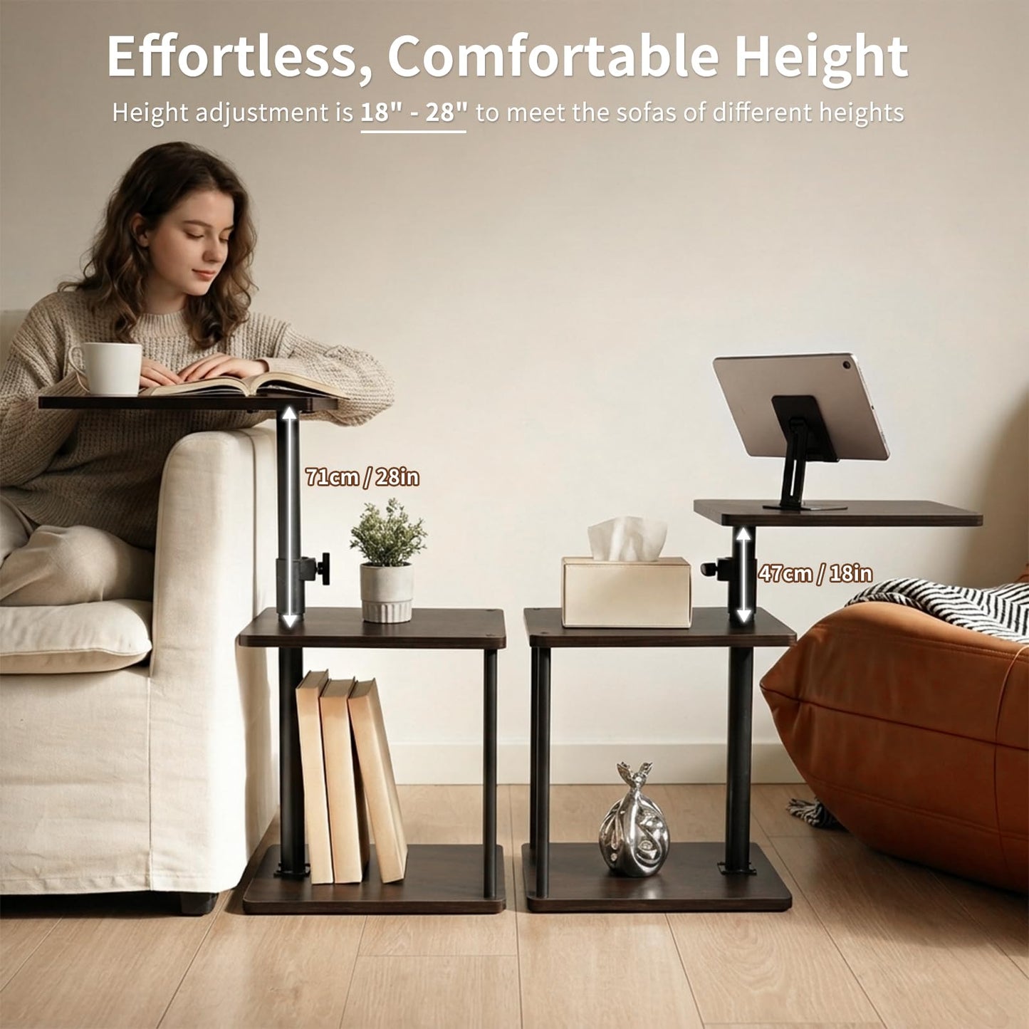 Bingyouth Side Table with Wheels, Adjustable End Table with 360° Swivel Top, 3 Tier Sofa Side Table for Living Room, Bedroom or Bedside