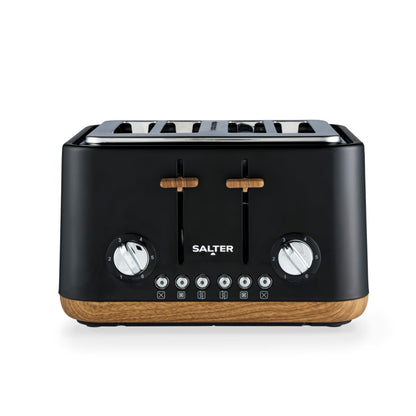 Salter EK5823BLK Toronto 4-Slice Toaster  Wide Slots, 6 Browning Levels, Removable Crumb Tray, Defrost, Reheat, Cancel, Self-Centring Function,