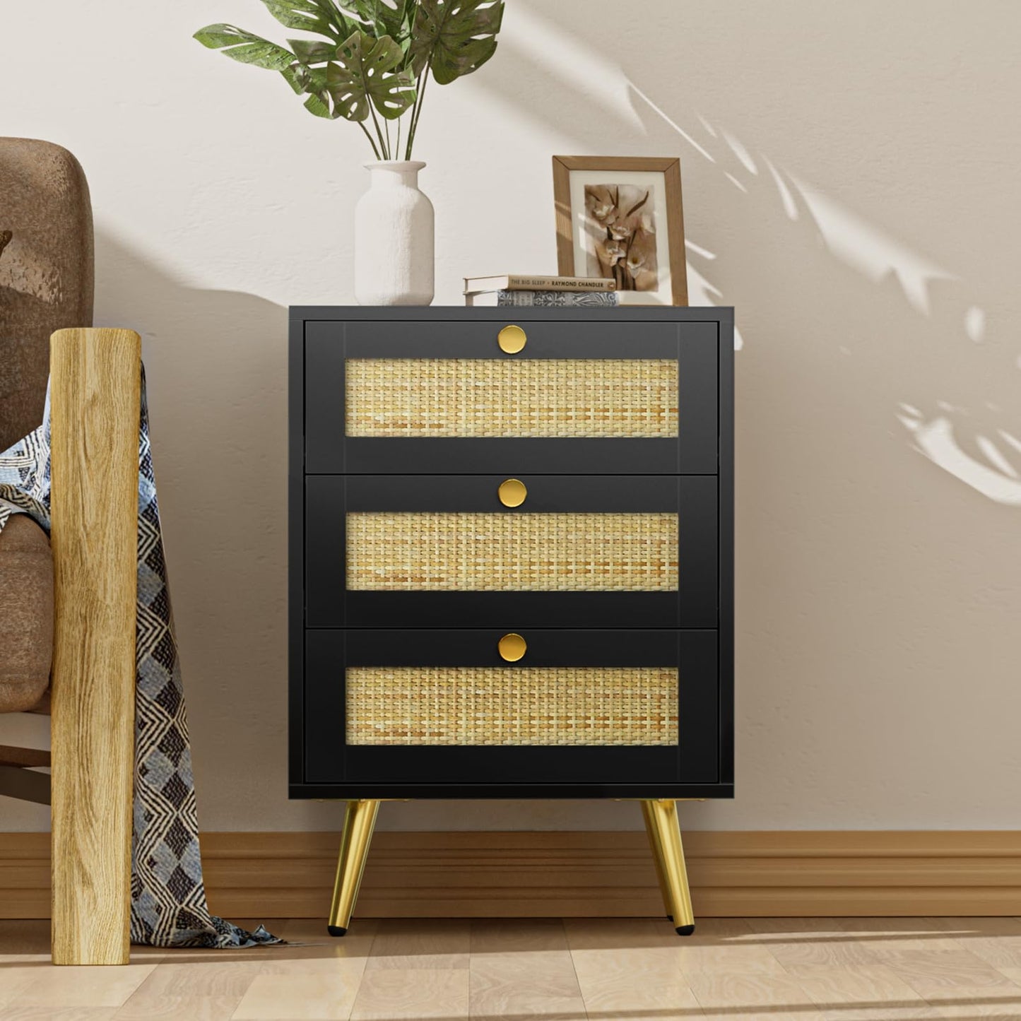 Skokliz Black Bedside Table with 3 Drawers, Rattan Nightstand for Bedroom, Wood modern End Table for Living Room, Small Spaces