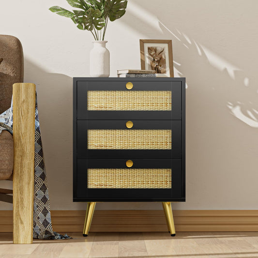 Skokliz Black Bedside Table with 3 Drawers, Rattan Nightstand for Bedroom, Wood modern End Table for Living Room, Small Spaces