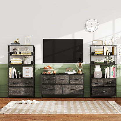 VERMESS 4-Tier Industrial Bookshelf with 3 Fabric Drawers, Storage Shelf, Bookcase with Doors, Adjustable Free Standing Display Shelf
