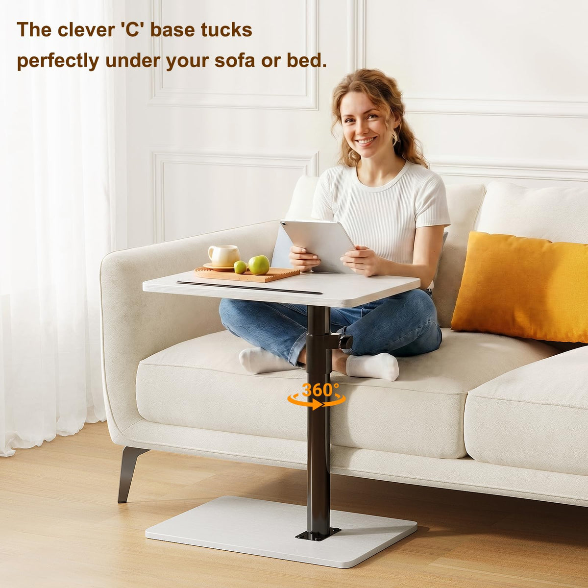 CAIYUN C Shaped Side Table, Height Adjustable Swivel 360° Rotating, White End Table for Small Spaces