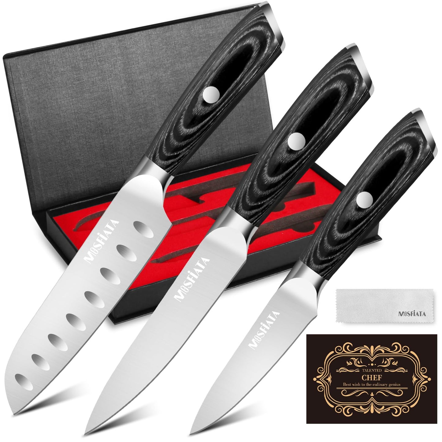 MOSFiATA 3PCS Kitchen Knife Set, Sharp Chef Knives High Carbon German EN1.4116 Stainless Steel Santoku Cooking Fruit Paring Knife Kitchen Chopping