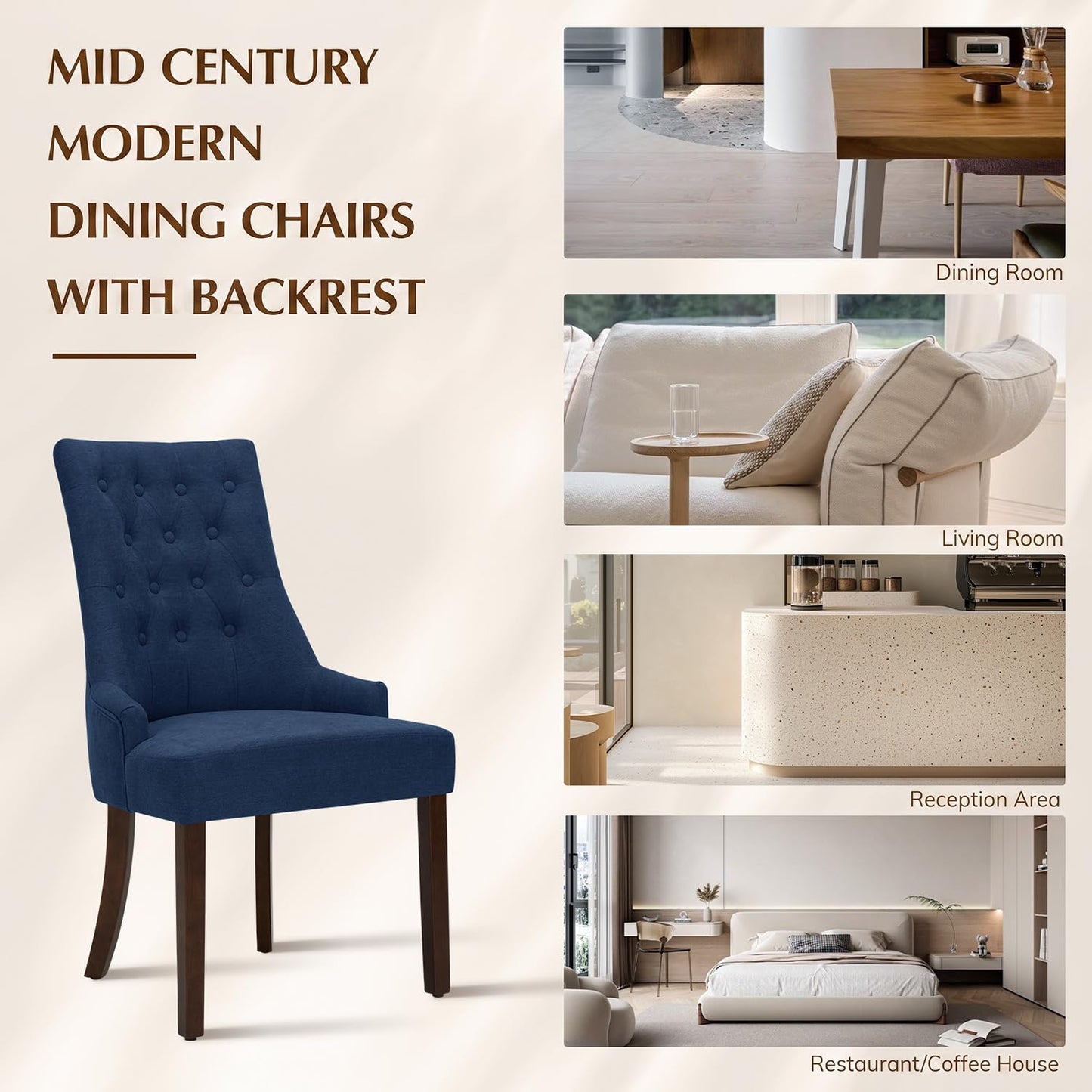 MALOL Upholstered Dining Chairs Set of 4, Wingback Dining Room Chairs with Tufted Button, High Back Kitchen Chairs with Solid Wood Legs
